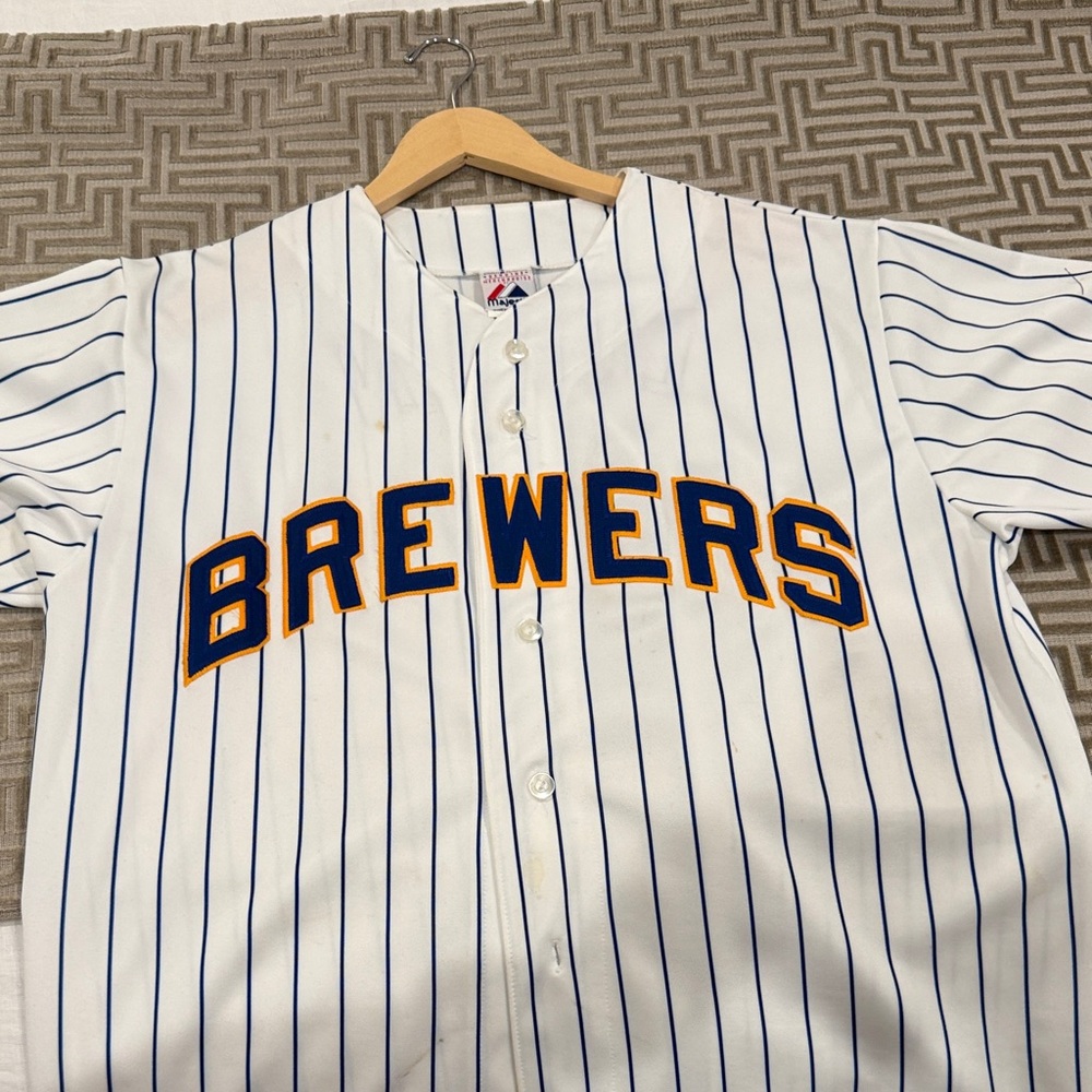 Majestic White and Blue Brewers Jersey